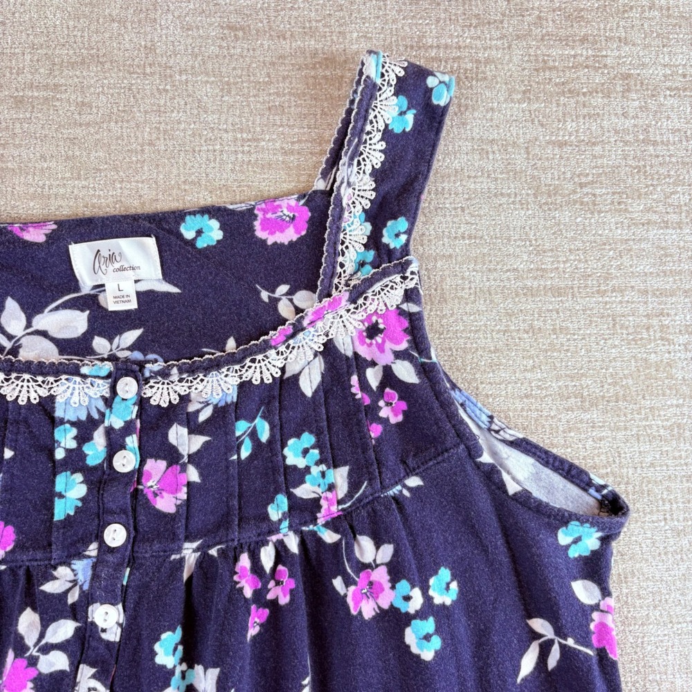 Aria Collection Navy Blue Floral Lace Trim Sleeveless Nightgown Sleepwear L Soft